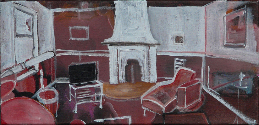 raadzaal Stedum nu woonkamer, acryl op doek, 25x50, 2009