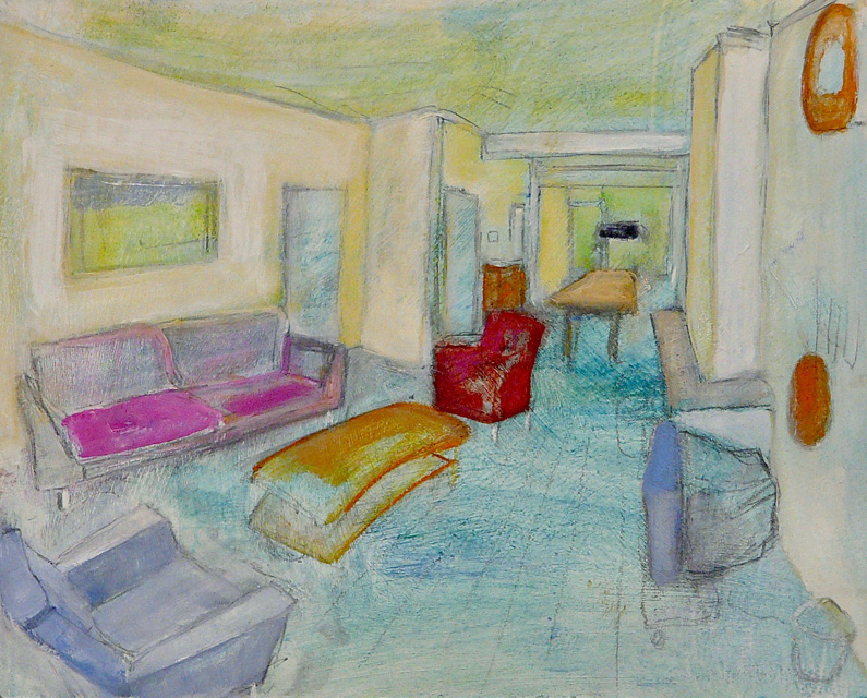 woonkamer, schets acryl op geprepareerd papier, 20x25, 2010